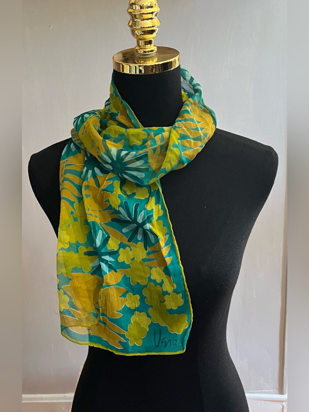Vera Newman Vintage Floral Silk Blend Scarf Teal Yellow & Olive 1970’s